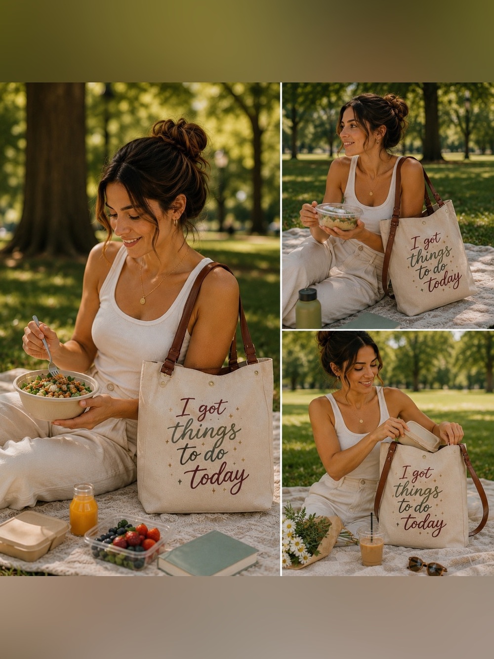 Brown Neutral ItalianCanvas Tote with Brown Leather Straps - "I Got Things to Do - Picture 4 of 15